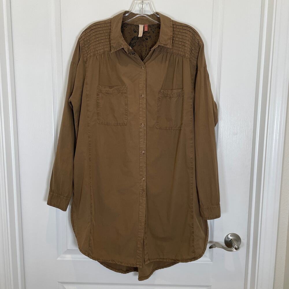 Anthropologie Pilcro Oversized Tunic Top Olive-Brown Button‎ Down Cotton S / M